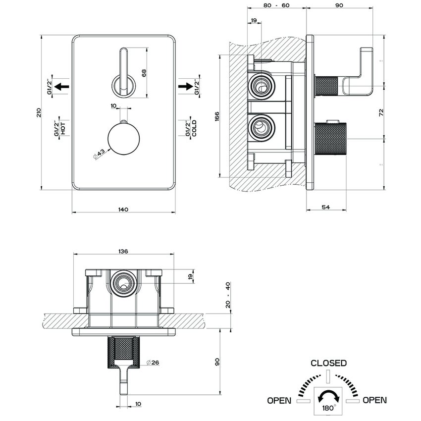 Immagine di Gessi INCISO- miscelatore termostatico a parete per doccia, 2 uscite, senza corpo incasso, finitura black metal brushed PVD 58134#707
