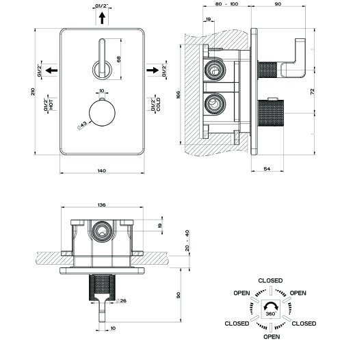 Immagine di Gessi INCISO- miscelatore termostatico a parete per doccia, 3 uscite, senza corpo incasso, finitura black metal brushed PVD 58136#707