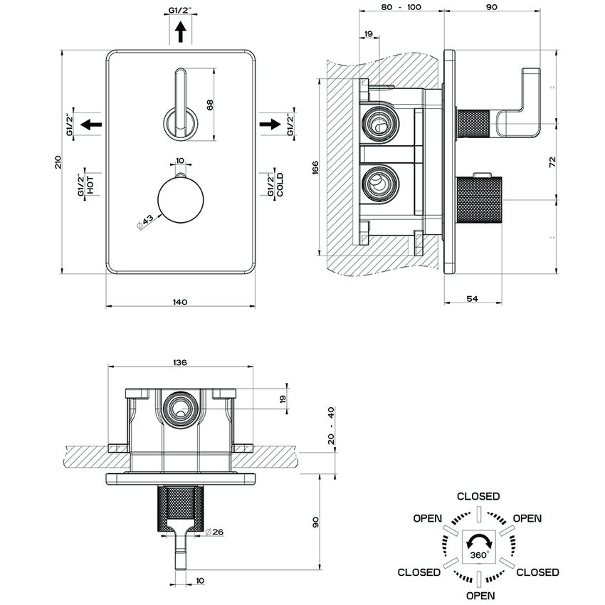 Immagine di Gessi INCISO- miscelatore termostatico a parete per doccia, 3 uscite, senza corpo incasso, finitura black metal brushed PVD 58136#707