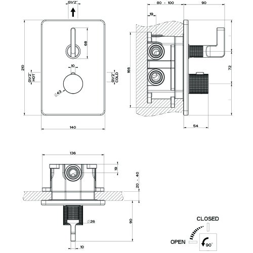 Immagine di Gessi INCISO- miscelatore termostatico a parete per doccia, 1 uscita, senza corpo incasso, finitura aged Bronze 58132#187