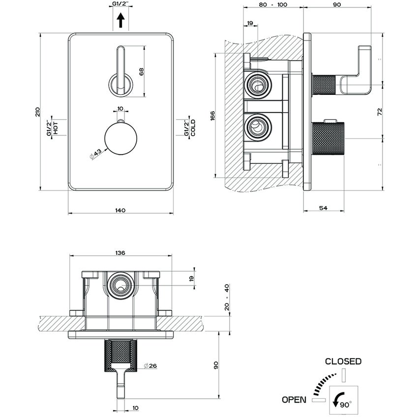 Immagine di Gessi INCISO- miscelatore termostatico a parete per doccia, 1 uscita, senza corpo incasso, finitura aged Bronze 58132#187