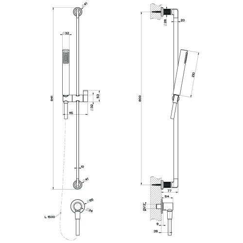 Immagine di Gessi INCISO SHOWER asta saliscendi con presa acqua, doccetta anticalcare e flessibile 150 cm, finitura black metal brushed PVD 58142#707