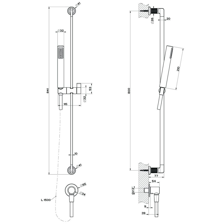 Immagine di Gessi INCISO SHOWER asta saliscendi con presa acqua, doccetta anticalcare e flessibile 150 cm, finitura black metal brushed PVD 58142#707