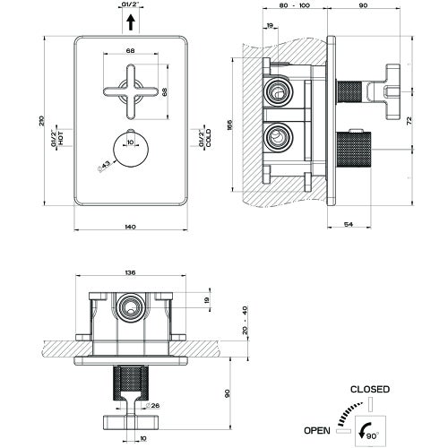 Immagine di Gessi INCISO+ miscelatore termostatico per doccia, a parete, 1 uscita, senza corpo incasso, finitura black metal brushed PVD 58232#707