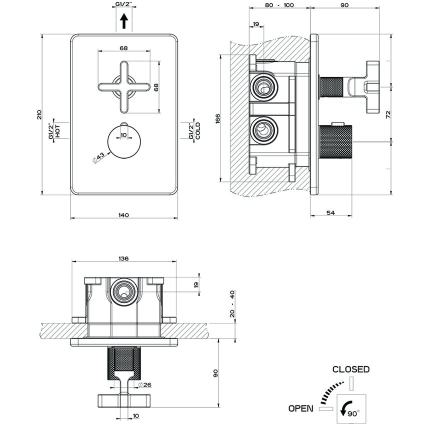 Immagine di Gessi INCISO+ miscelatore termostatico per doccia, a parete, 1 uscita, senza corpo incasso, finitura black metal brushed PVD 58232#707