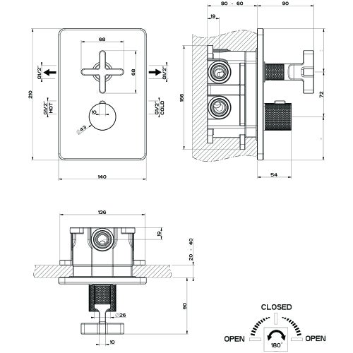 Immagine di Gessi INCISO+ miscelatore termostatico per doccia, a parete, 2 uscite, senza corpo incasso, finitura black metal brushed PVD 58234#707