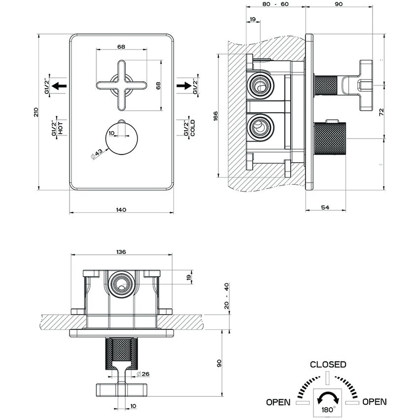 Immagine di Gessi INCISO+ miscelatore termostatico per doccia, a parete, 2 uscite, senza corpo incasso, finitura black metal brushed PVD 58234#707