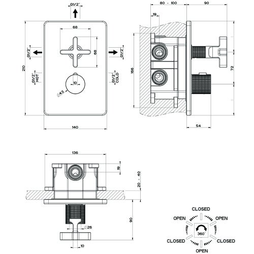 Immagine di Gessi INCISO+ miscelatore termostatico per doccia, a parete, 3 uscite, senza corpo incasso, finitura black metal brushed PVD 58236#707