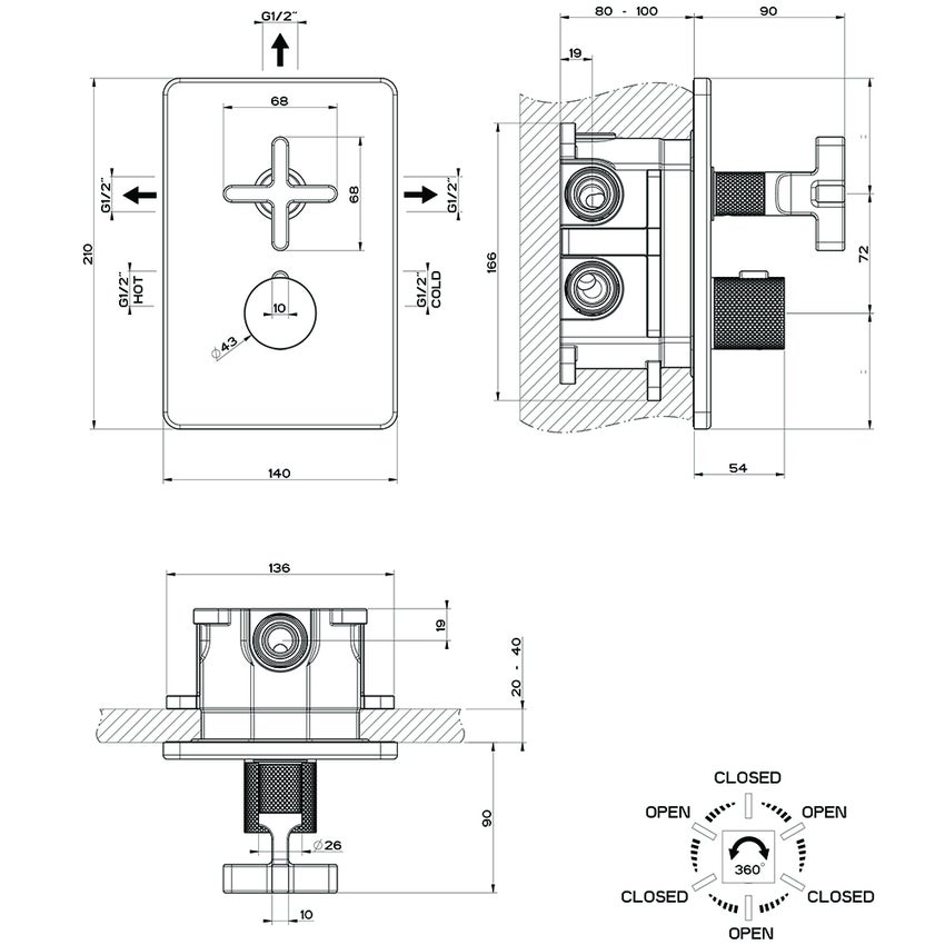 Immagine di Gessi INCISO+ miscelatore termostatico per doccia, a parete, 3 uscite, senza corpo incasso, finitura black metal brushed PVD 58236#707