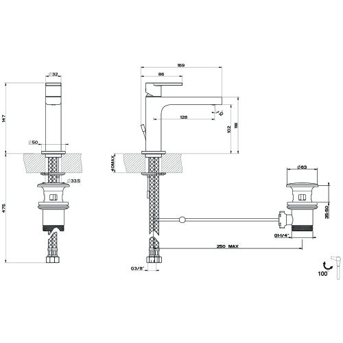 Immagine di Gessi VIA MANZONI miscelatore lavabo H.15 cm, con scarico e flessibili di collegamento, con risparmio energetico, colore nero finitura opaco 38602#299