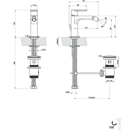 Immagine di Gessi VIA MANZONI miscelatore bidet con scarico e flessibili di collegamento, con risparmio energetico, colore nero finitura opaco 38608#299