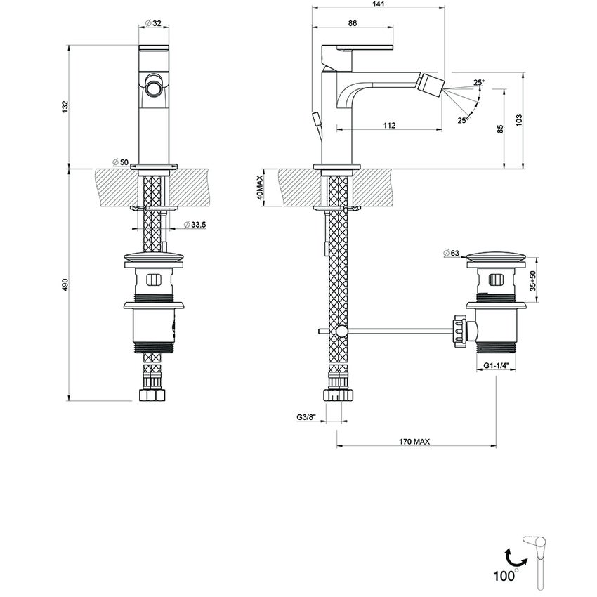 Immagine di Gessi VIA MANZONI miscelatore bidet con scarico e flessibili di collegamento, con risparmio energetico, colore nero finitura opaco 38608#299