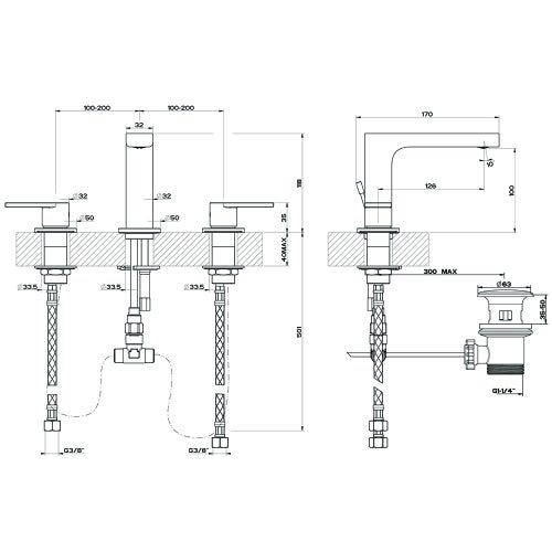 Immagine di Gessi VIA MANZONI gruppo lavabo tre fori con scarico, con flessibili di collegamento, finitura cromo 38612#031