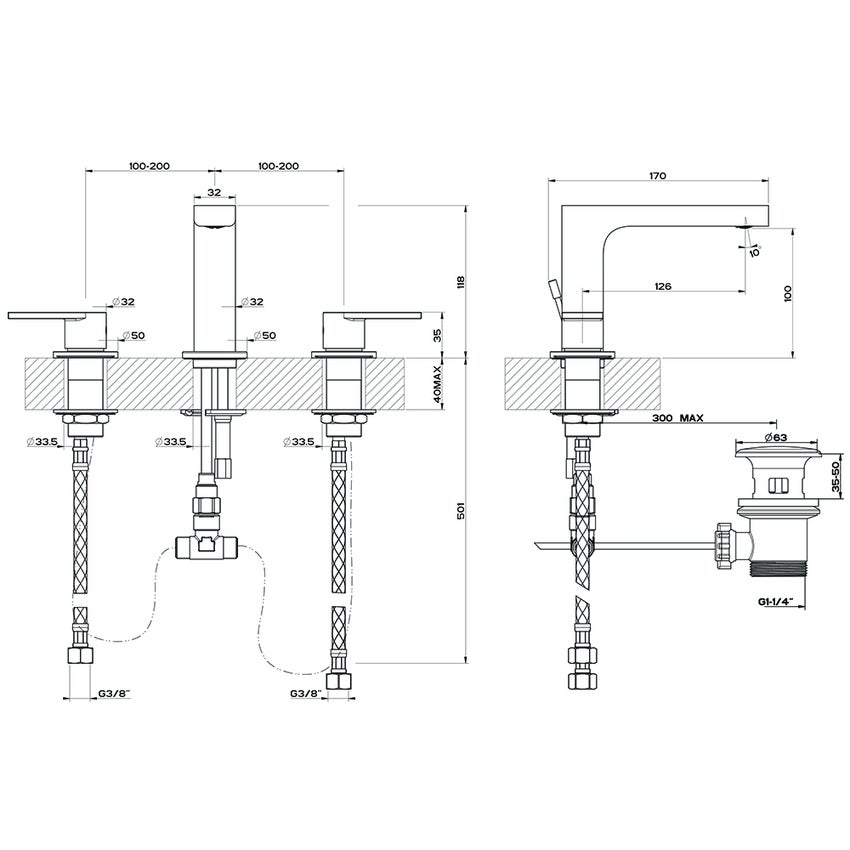 Immagine di Gessi VIA MANZONI gruppo lavabo tre fori con scarico, con flessibili di collegamento, finitura cromo 38612#031