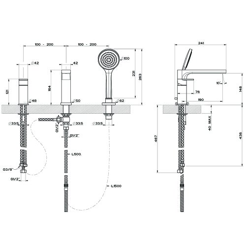 Immagine di Gessi VIA MANZONI gruppo bordo vasca, tre fori con bocca di erogazione, deviatore, flessibile 150 cm e doccetta anticalcare, finitura cromo 38634#031