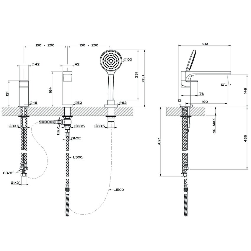 Immagine di Gessi VIA MANZONI gruppo bordo vasca, tre fori con bocca di erogazione, deviatore, flessibile 150 cm e doccetta anticalcare, finitura cromo 38634#031