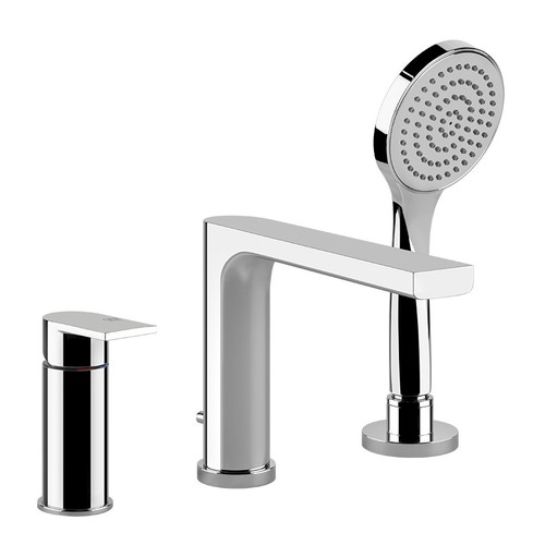 Immagine di Gessi VIA MANZONI gruppo bordo vasca, tre fori con bocca di erogazione, deviatore, flessibile 150 cm e doccetta anticalcare, finitura cromo 38634#031