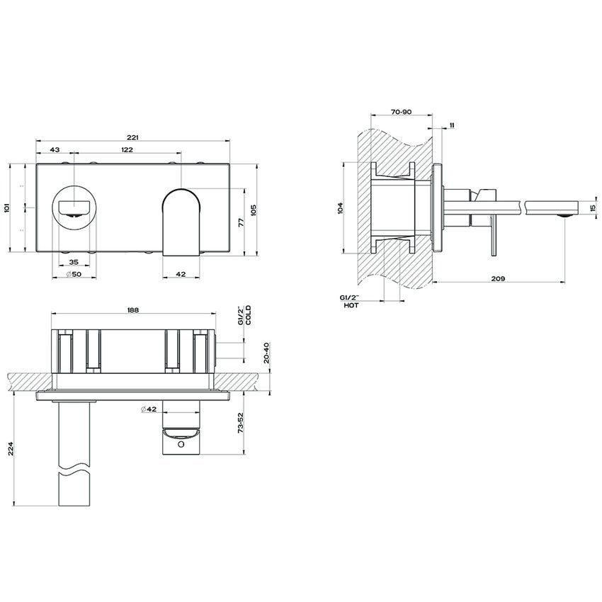 Immagine di Gessi VIA MANZONI miscelatore a parete P.21 cm, senza scarico, senza corpo incasso, finitura finox brushed nickel 44895#149