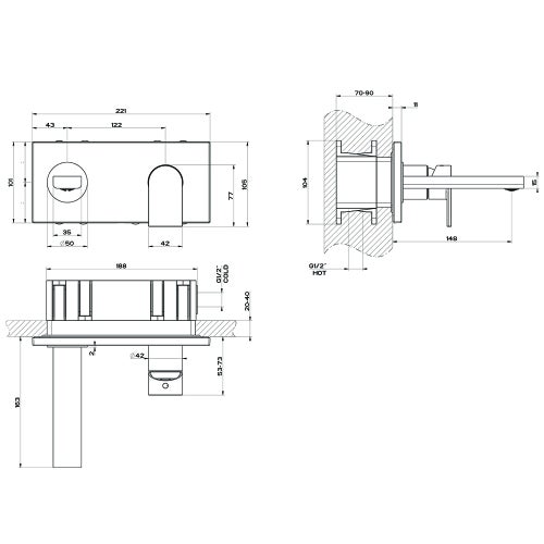 Immagine di Gessi VIA MANZONI miscelatore a parete P.15 cm, senza scarico, senza corpo incasso, finitura cromo 44893#031