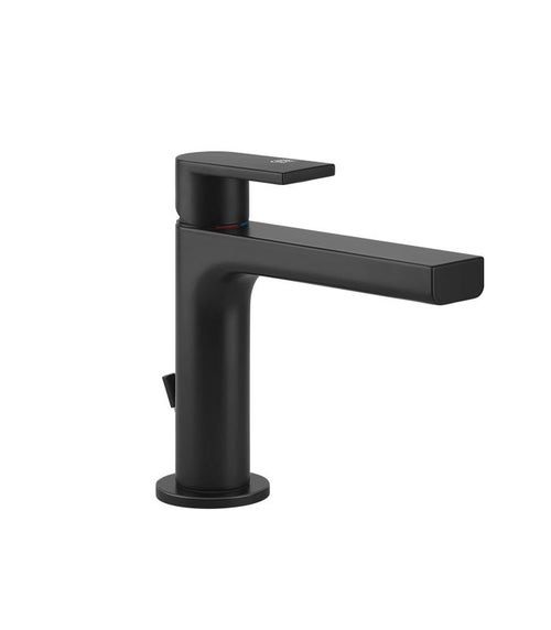 Immagine di Gessi VIA MANZONI miscelatore lavabo H.15 cm, con scarico e flessibili di collegamento, con risparmio energetico, colore nero finitura opaco 38602#299