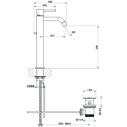 Immagine di Gessi VIA TORTONA miscelatore lavabo H.30 cm, con scarico e flessibili di collegamento, colore nero finitura opaco 18603#299