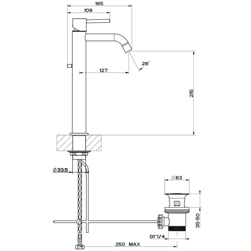 Immagine di Gessi VIA TORTONA miscelatore lavabo H.30 cm, con scarico e flessibili di collegamento, colore nero finitura opaco 18603#299
