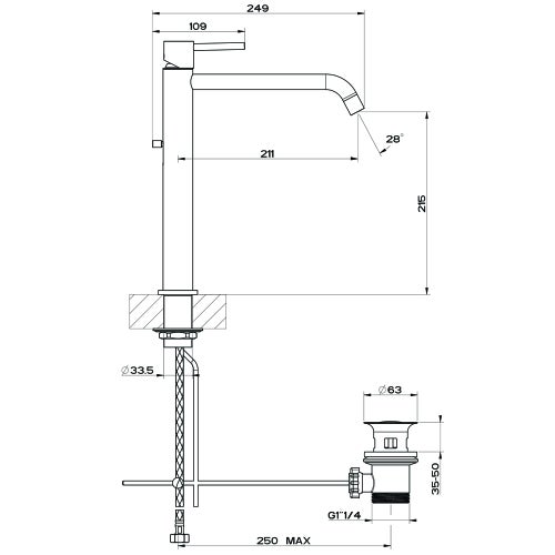 Immagine di Gessi VIA TORTONA miscelatore lavabo P.25 cm, con scarico e flessibili di collegamento, finitura cromo 18605#031