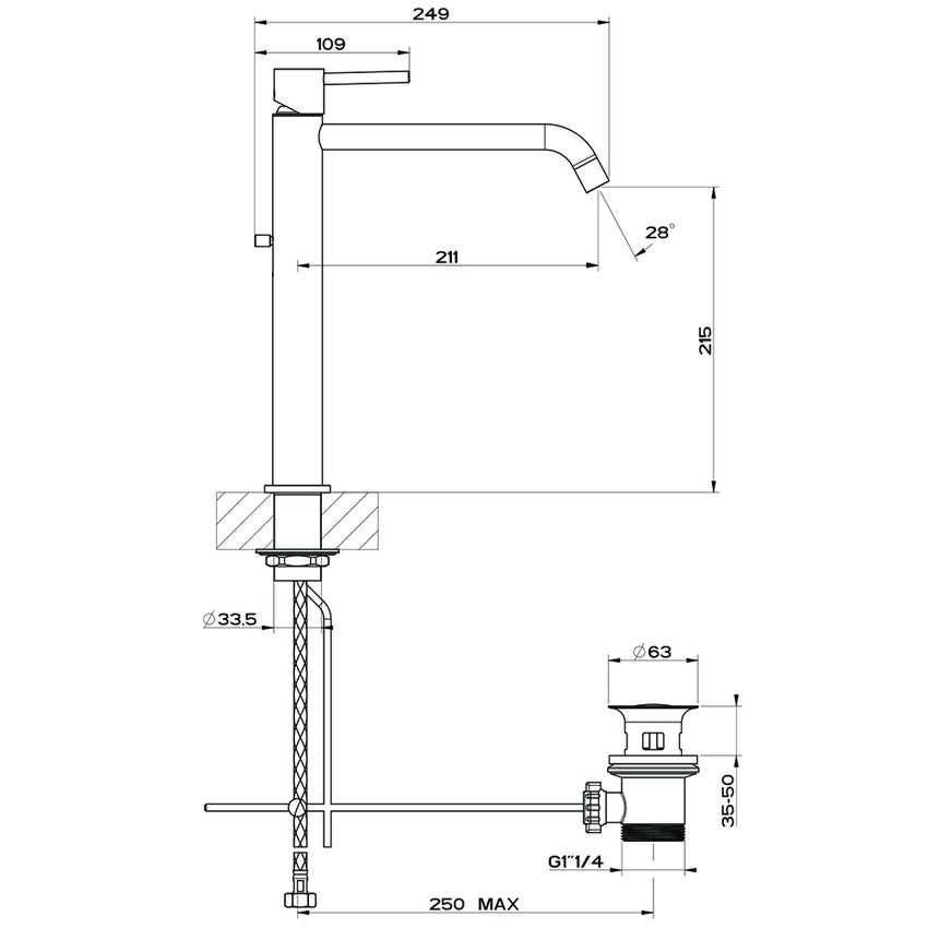 Immagine di Gessi VIA TORTONA miscelatore lavabo P.25 cm, con scarico e flessibili di collegamento, finitura cromo 18605#031