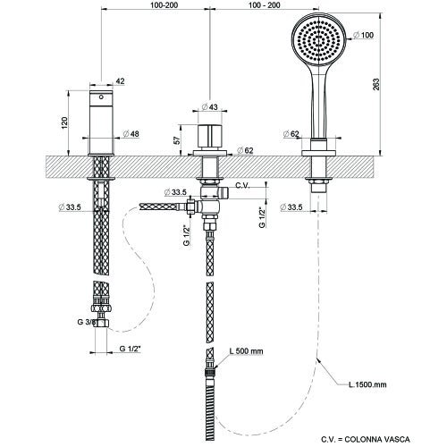 Immagine di Gessi VIA BAGUTTA gruppo bordo vasca tre fori, con deviatore, flessibile 150 cm e doccetta anticalcare, finitura cromo 44343#031