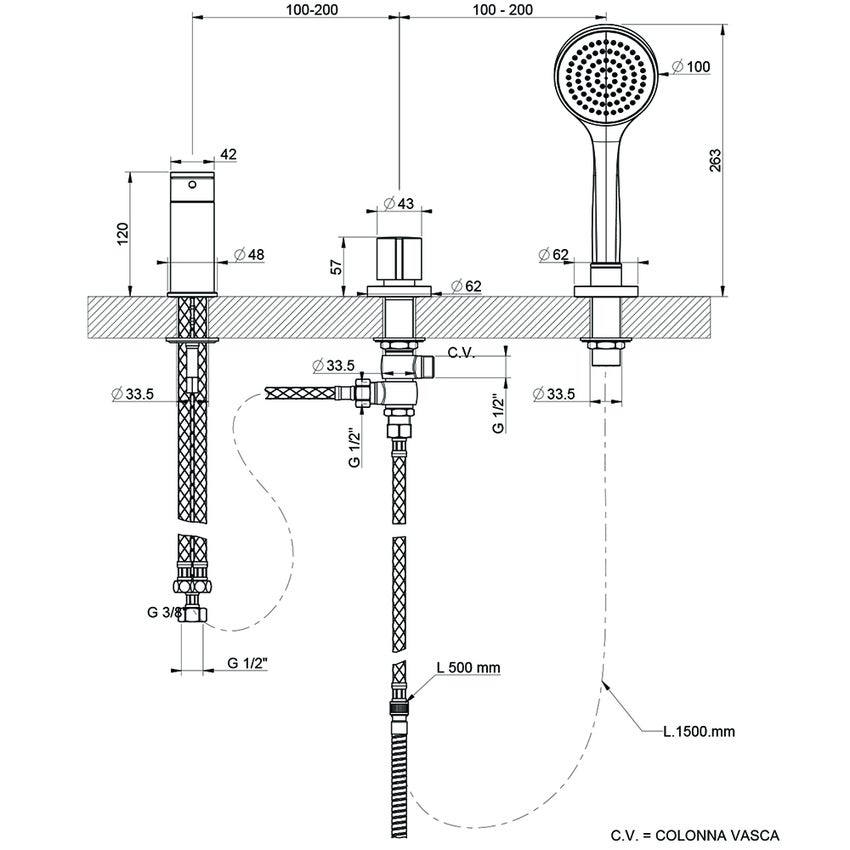 Immagine di Gessi VIA BAGUTTA gruppo bordo vasca tre fori, con deviatore, flessibile 150 cm e doccetta anticalcare, finitura cromo 44343#031