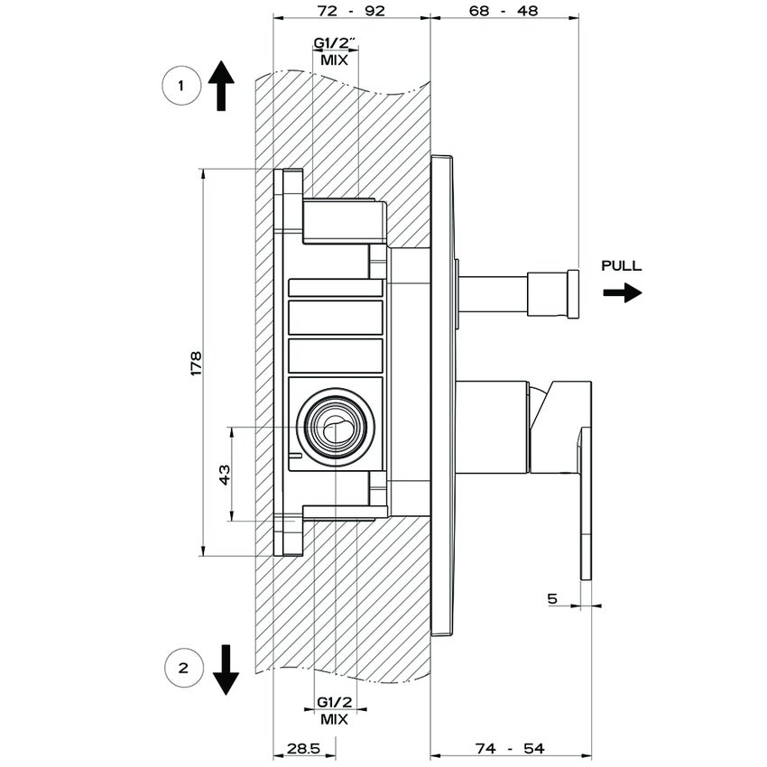 Immagine di Gessi VIA BAGUTTA set rubinetteria con miscelatore lavabo e miscelatore bidet con scarico, miscelatore a parete 2 vie con deviatore automatico e corpo incasso, finitura cromo SETVIAB003