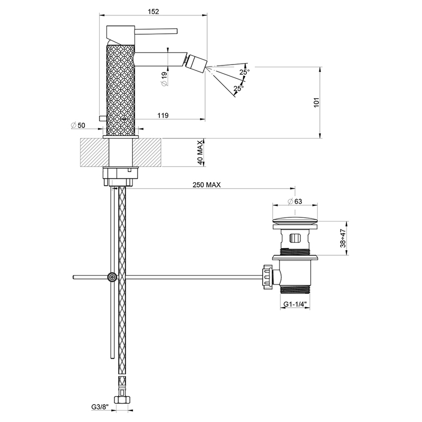 Immagine di Gessi 316 INTRECCIO miscelatore bidet con scarico e flessibili di collegamento, finitura warm bronze brushed PVD 54107#726