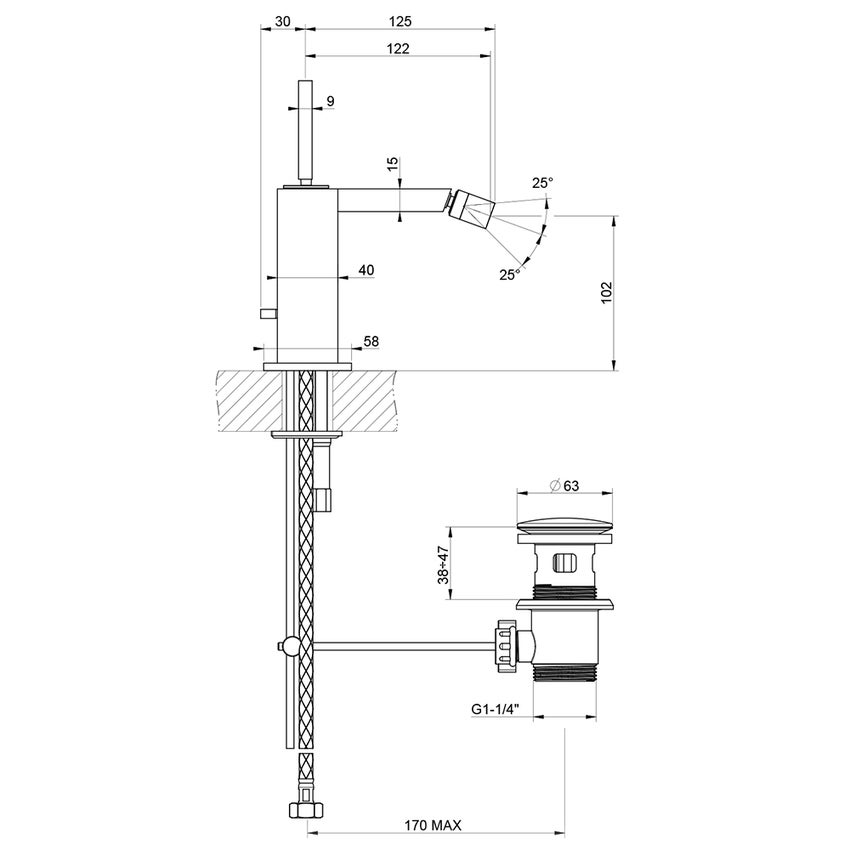 Immagine di Gessi RETTANGOLO J miscelatore joystick bidet, con scarico e flessibili di collegamento, finitura cromo 20607#031