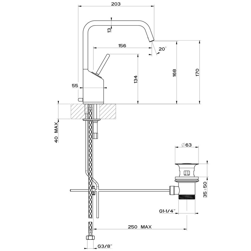 Immagine di Gessi RETTANGOLO XL miscelatore joystick lavabo, con scarico e flessibili di collegamento, finitura finox 26101#149