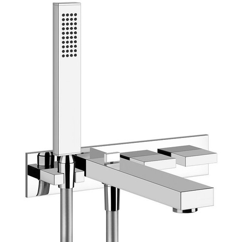 Immagine di Gessi RETTANGOLO T gruppo vasca a parete con deviatore automatico bagno/doccia, flessibile 150 cm e doccetta anticalcare con supporto fisso, colore nero finitura opaco 20323#299