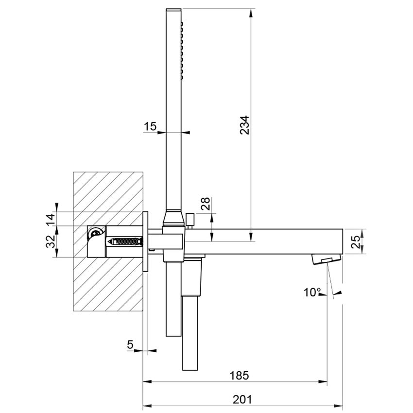 Immagine di Gessi RETTANGOLO T gruppo vasca a parete con deviatore automatico bagno/doccia, flessibile 150 cm e doccetta anticalcare con supporto fisso, colore nero finitura opaco 20323#299