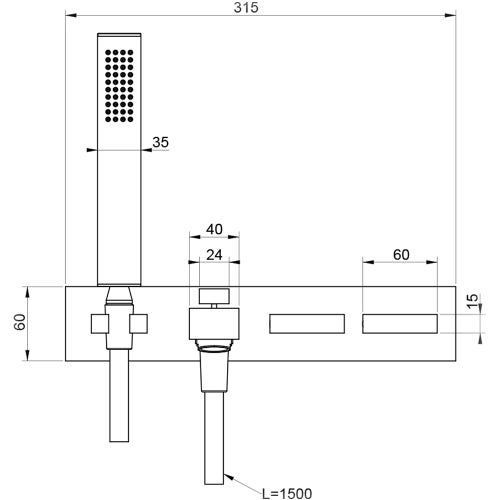 Immagine di Gessi RETTANGOLO T gruppo vasca a parete con deviatore automatico bagno/doccia, flessibile 150 cm e doccetta anticalcare con supporto fisso, colore nero finitura opaco 20323#299