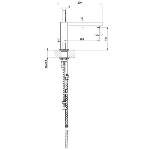 Immagine di Gessi RETTANGOLO T gruppo bordo vasca 4 fori con bocca di erogazione, deviatore, flessibile 150 cm e doccetta anticalcare, finitura copper brushed PVD 20337#708