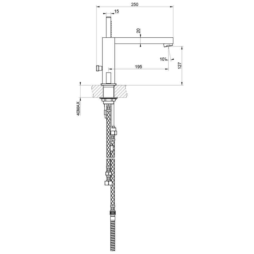 Immagine di Gessi RETTANGOLO T gruppo bordo vasca 4 fori con bocca di erogazione, deviatore, flessibile 150 cm e doccetta anticalcare, finitura copper brushed PVD 20337#708