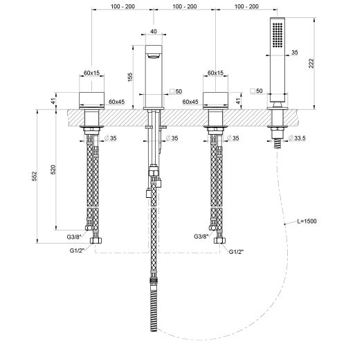 Immagine di Gessi RETTANGOLO T gruppo bordo vasca 4 fori con bocca di erogazione, deviatore, flessibile 150 cm e doccetta anticalcare, finitura copper brushed PVD 20337#708