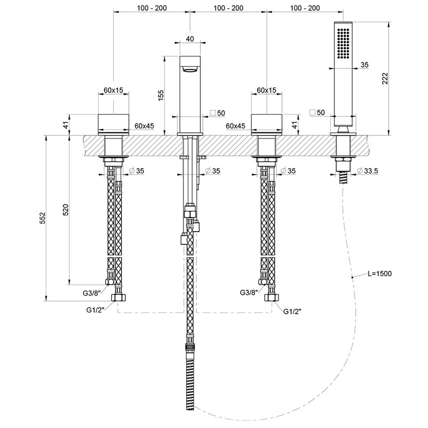 Immagine di Gessi RETTANGOLO T gruppo bordo vasca 4 fori con bocca di erogazione, deviatore, flessibile 150 cm e doccetta anticalcare, finitura copper brushed PVD 20337#708