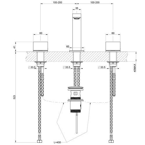 Immagine di Gessi RETTANGOLO T gruppo lavabo H.16 cm, 3 fori, con scarico, colore nero finitura opaco 20402#299
