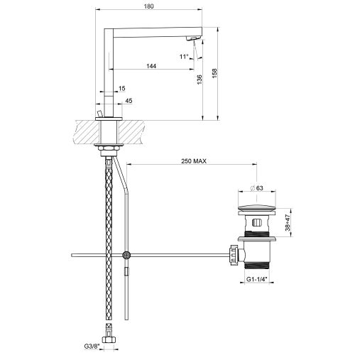 Immagine di Gessi RETTANGOLO T gruppo lavabo H.16 cm, 3 fori, con scarico, colore nero finitura opaco 20402#299