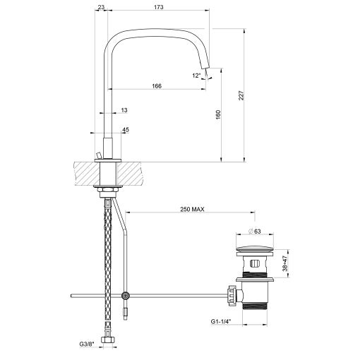 Immagine di Gessi gruppo lavabo H.23 cm, 3 fori con scarico, finitura black metal brushed PVD 20426#707