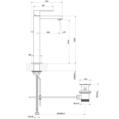 Immagine di Gessi RETTANGOLO miscelatore lavabo H.30 cm, con scarico e flessibili di collegamento, finitura black metal PVD 11921#706