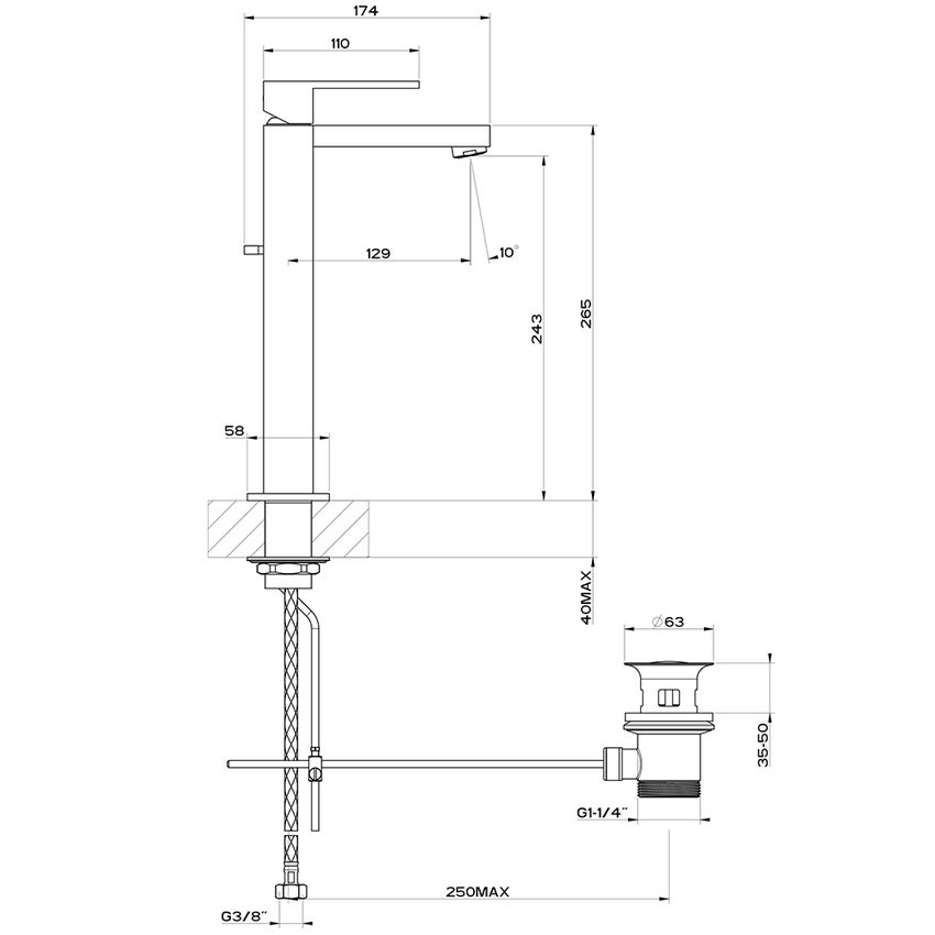 Immagine di Gessi RETTANGOLO miscelatore lavabo H.30 cm, con scarico e flessibili di collegamento, finitura black metal PVD 11921#706