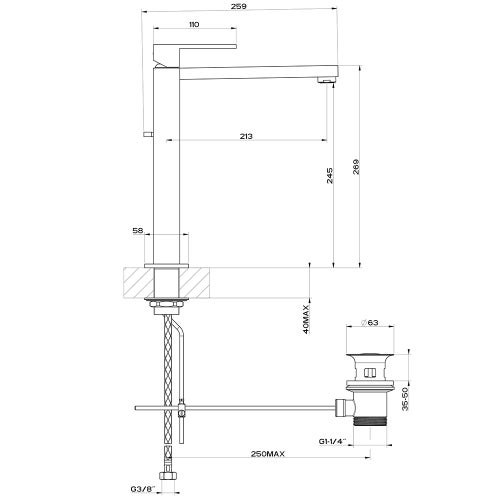 Immagine di Gessi RETTANGOLO miscelatore lavabo H.30 cm, con scarico e flessibili di collegamento, finitura black metal PVD 11923#706