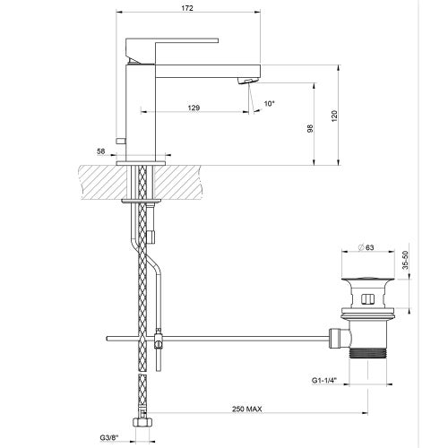 Immagine di Gessi RETTANGOLO miscelatore lavabo H.15 cm, con scarico e flessibili di collegamento, finitura black metal brushed PVD 20001#707