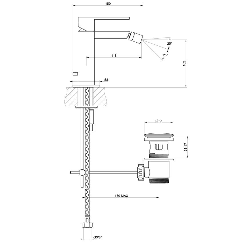 Immagine di Gessi RETTANGOLO miscelatore bidet H.15 cm, con scarico e flessibili di collegamento, finitura cromo 20007#031