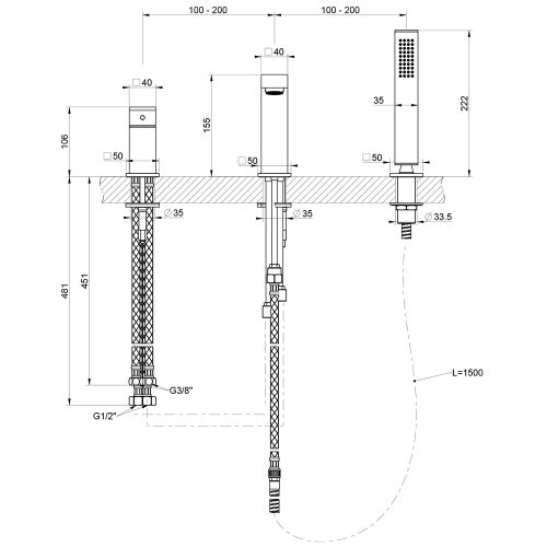 Immagine di Gessi RETTANGOLO gruppo bordo vasca 3 fori con bocca di erogazione, deviatore, flessibile 150 cm e doccetta anticalcare, colore nero finitura opaco 20037#299